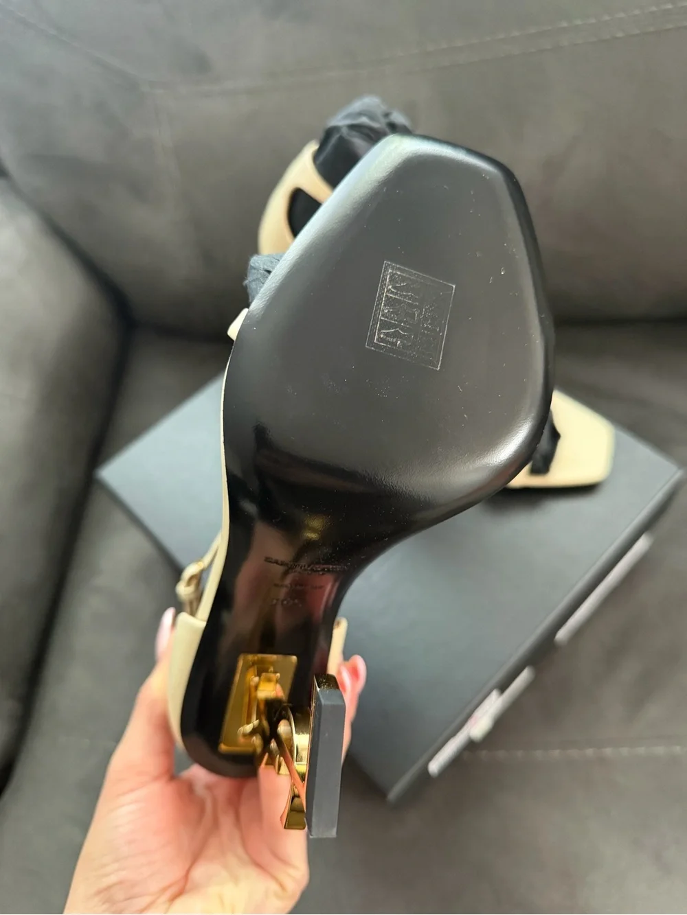 Saint Laurent Cream Leather YSL Monogram Heel Sandals - Picture 4 of 4